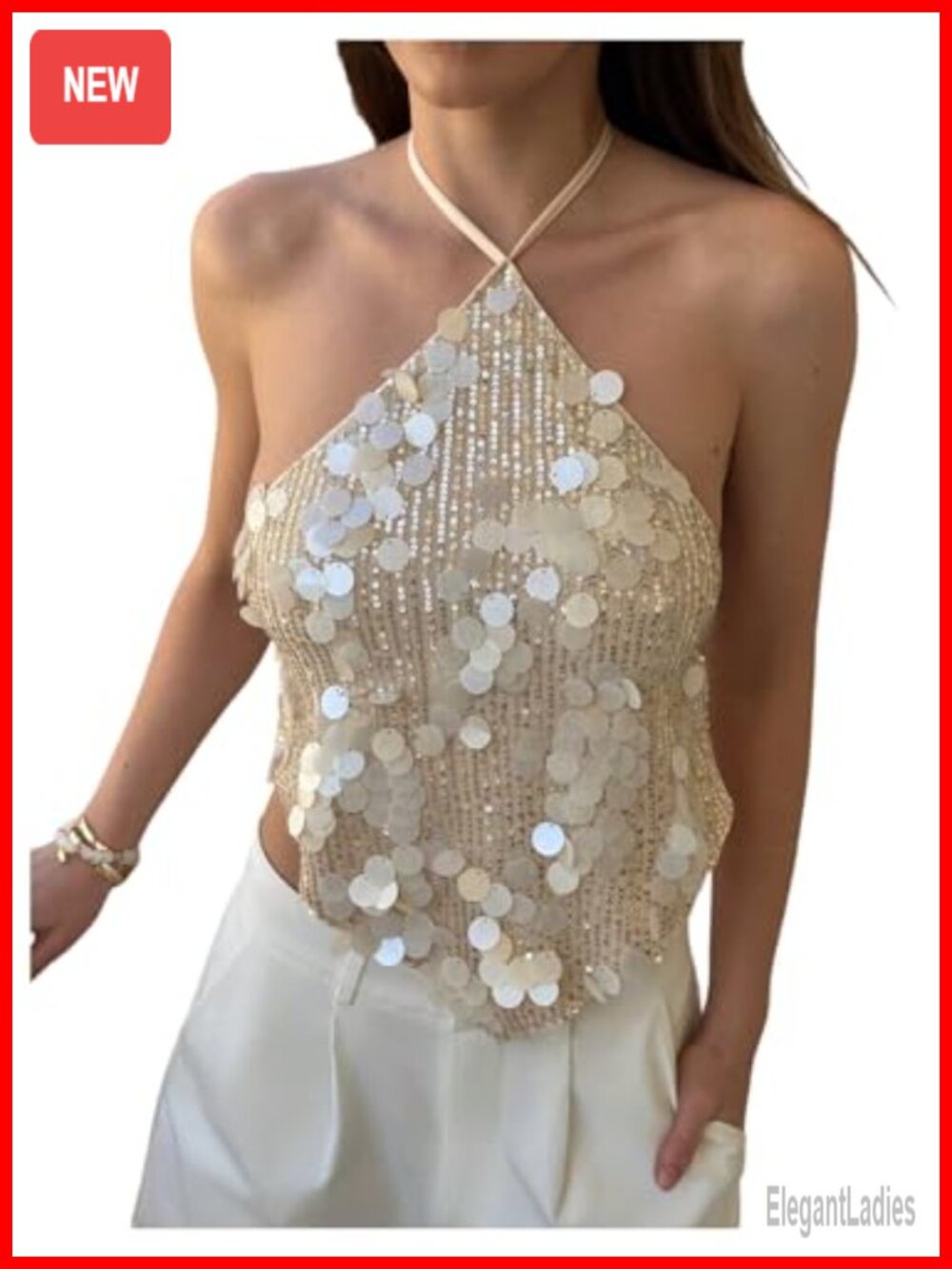 Sequin Backless Halter Camisole Top Cropped Glitter Party
